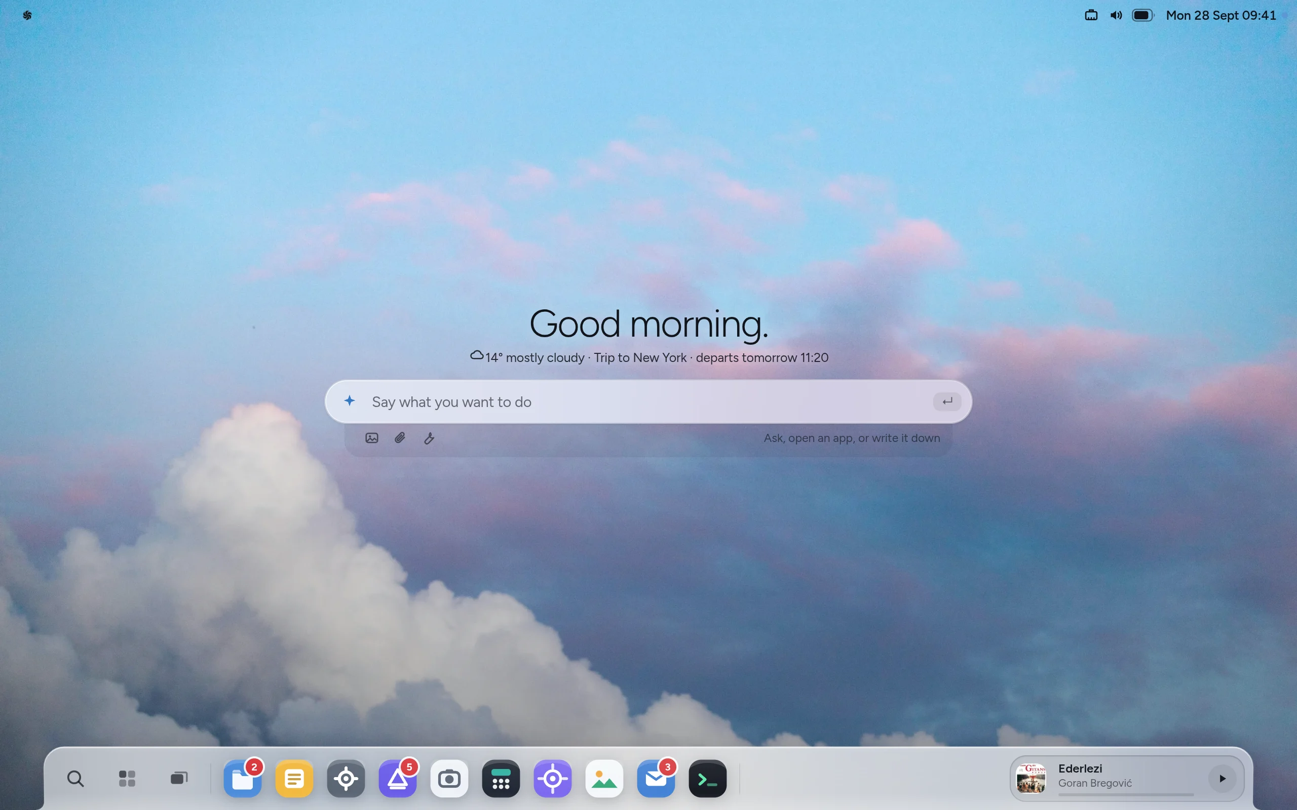The Avio desktop with a dock of Avio’s own apps