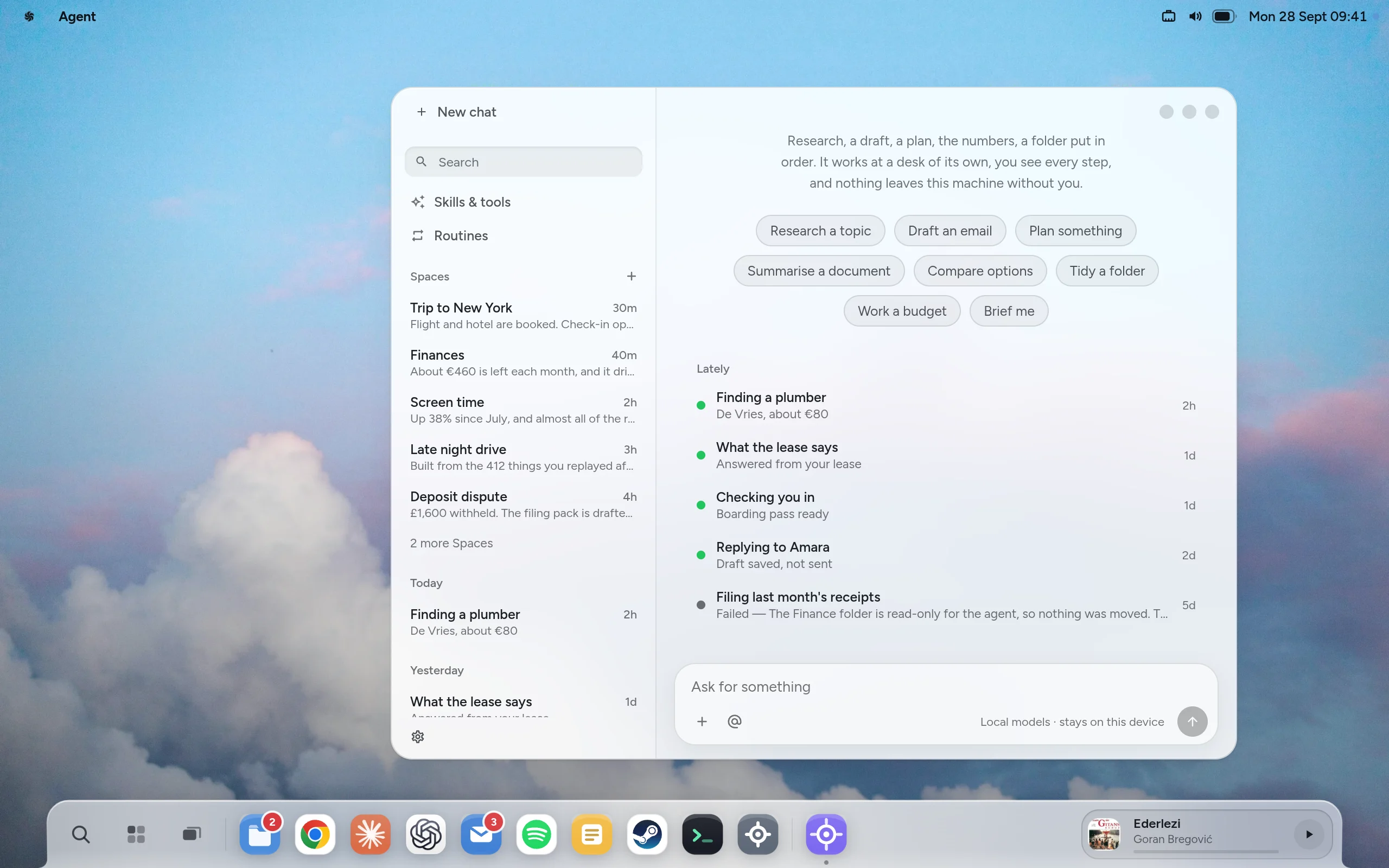 The Avio desktop with the Agent app open, listing recent tasks above a field that says “Ask for something” and “Local models · stays on this device”